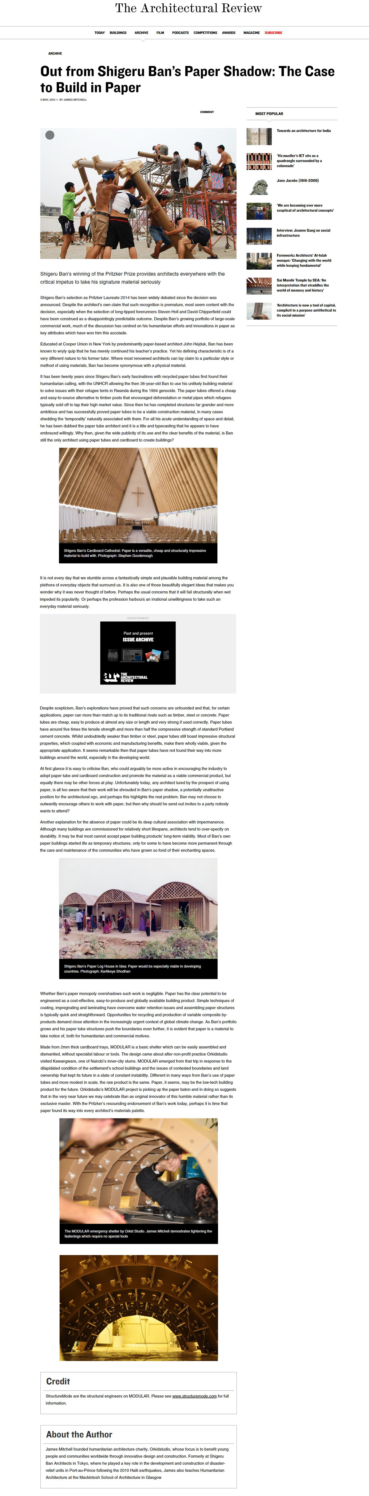 Architectural Review - Out from Shigeru Ban's Paper Shadow: The Case to Build in Paper