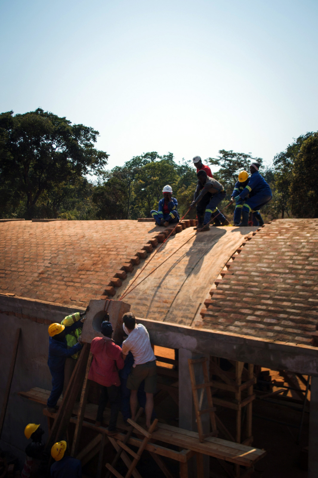 Cement stabilised earth bricks, CSEB, create new arch vaults for new hospital in Zambia.